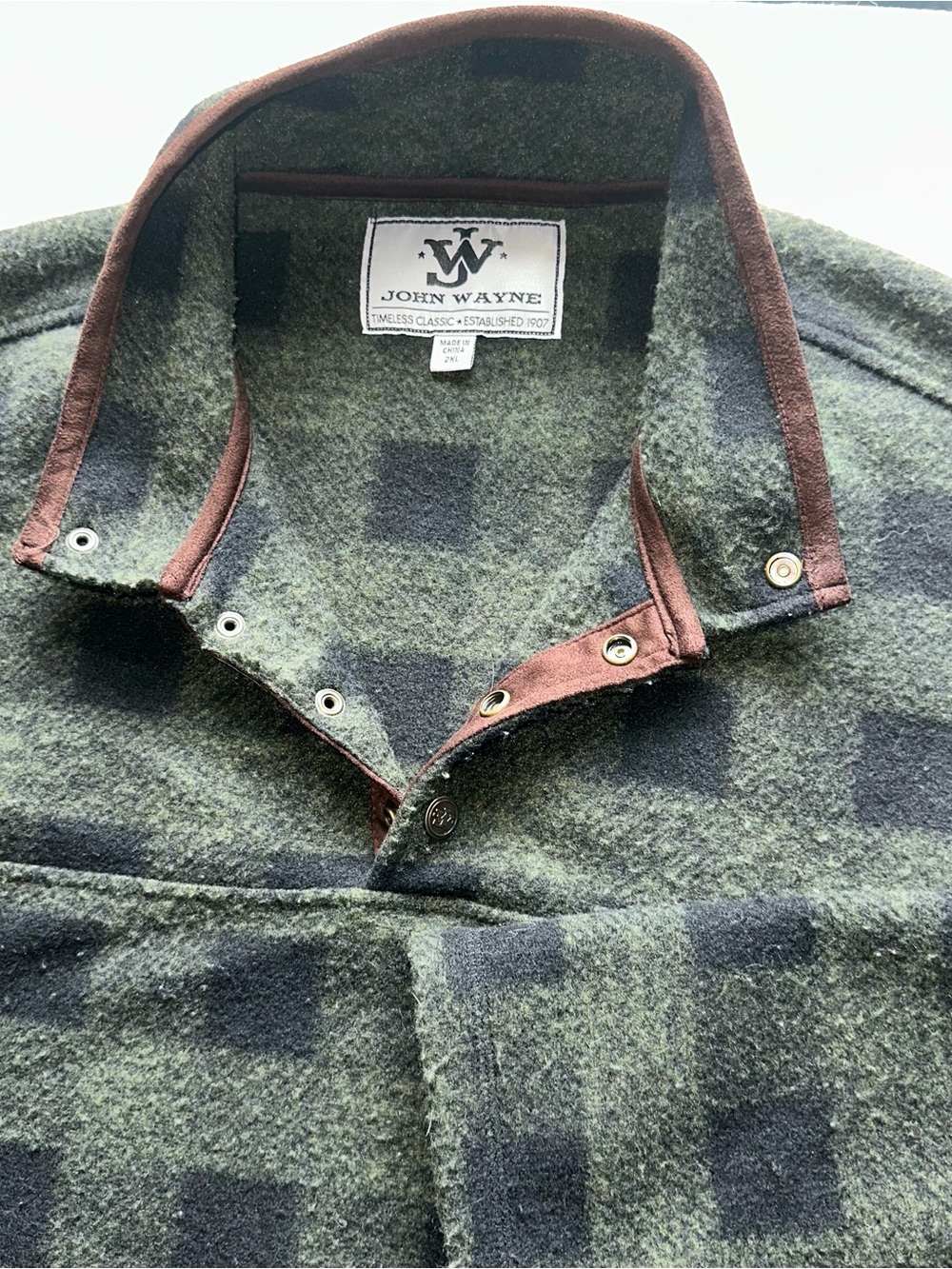 John Wayne Fleece Pullover Mens 2XL Green Buffalo Plaid 1/4 Snap Jacket Sweater